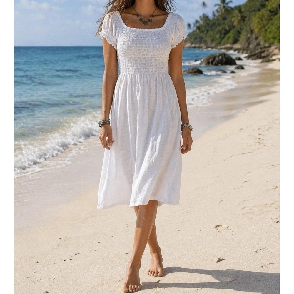 Peaceful People White Smocked Puff Sleeve Sarong Swimsuit Cover Boho Dress Sz S